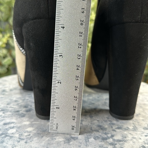 JustFab Remi Black Cream Tan Faux Suede 4.25” Heel Zip Dress Boots WMS 8W✨EUC✨ - Picture 9 of 15